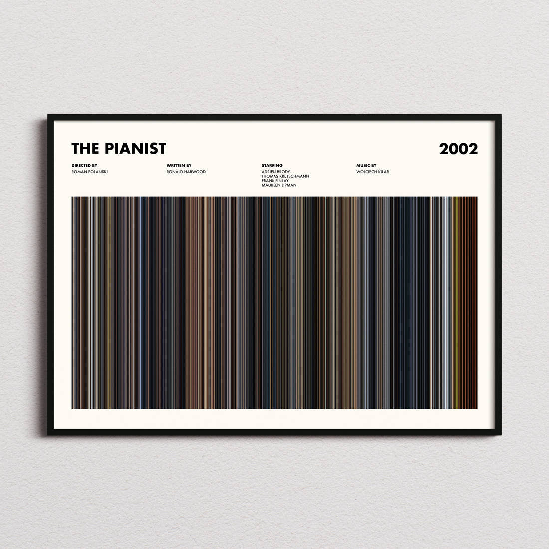 The Pianist Movie Barcode Poster framed and photographed straight on