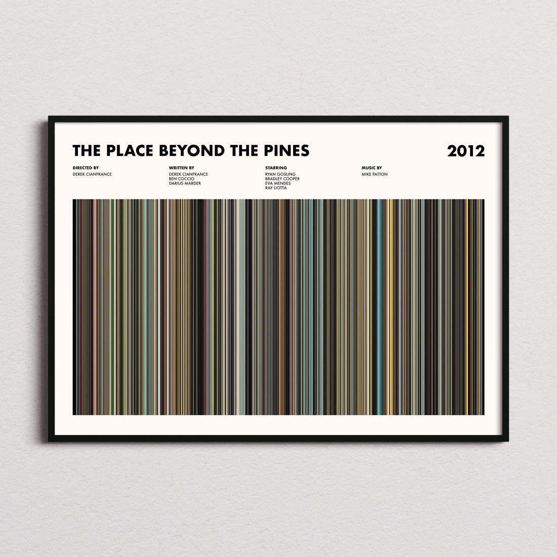 The Place Beyond The Pines Movie Barcode Poster framed and photographed straight on