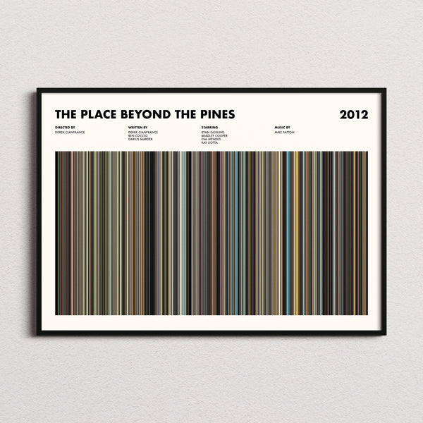 The Place Beyond The Pines Movie Barcode Poster framed and photographed straight on