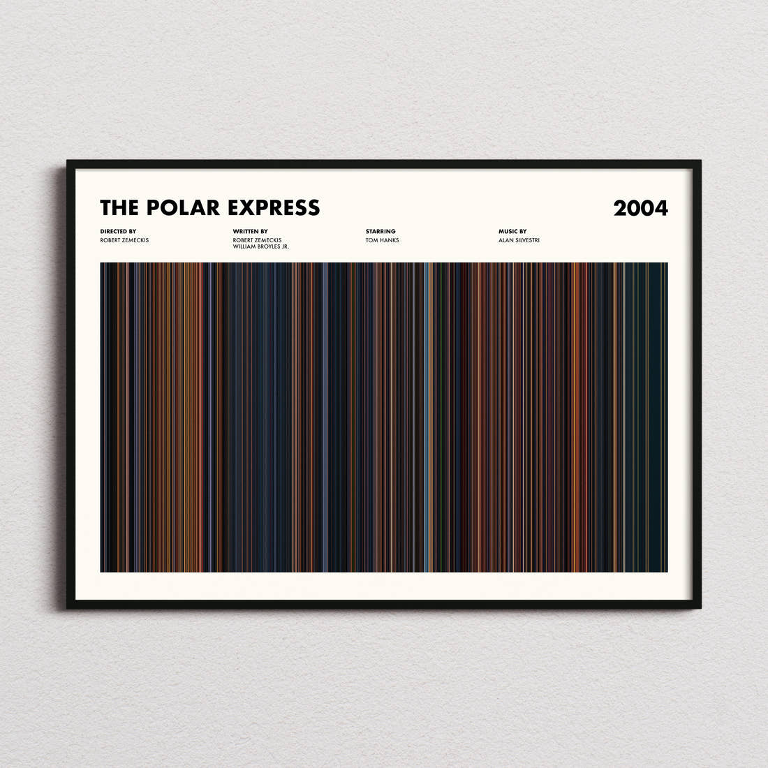 The Polar Express Movie Barcode Poster framed and photographed straight on