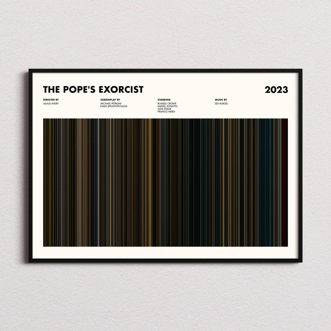 The Pope's Exorcist Movie Barcode Poster framed and photographed straight on