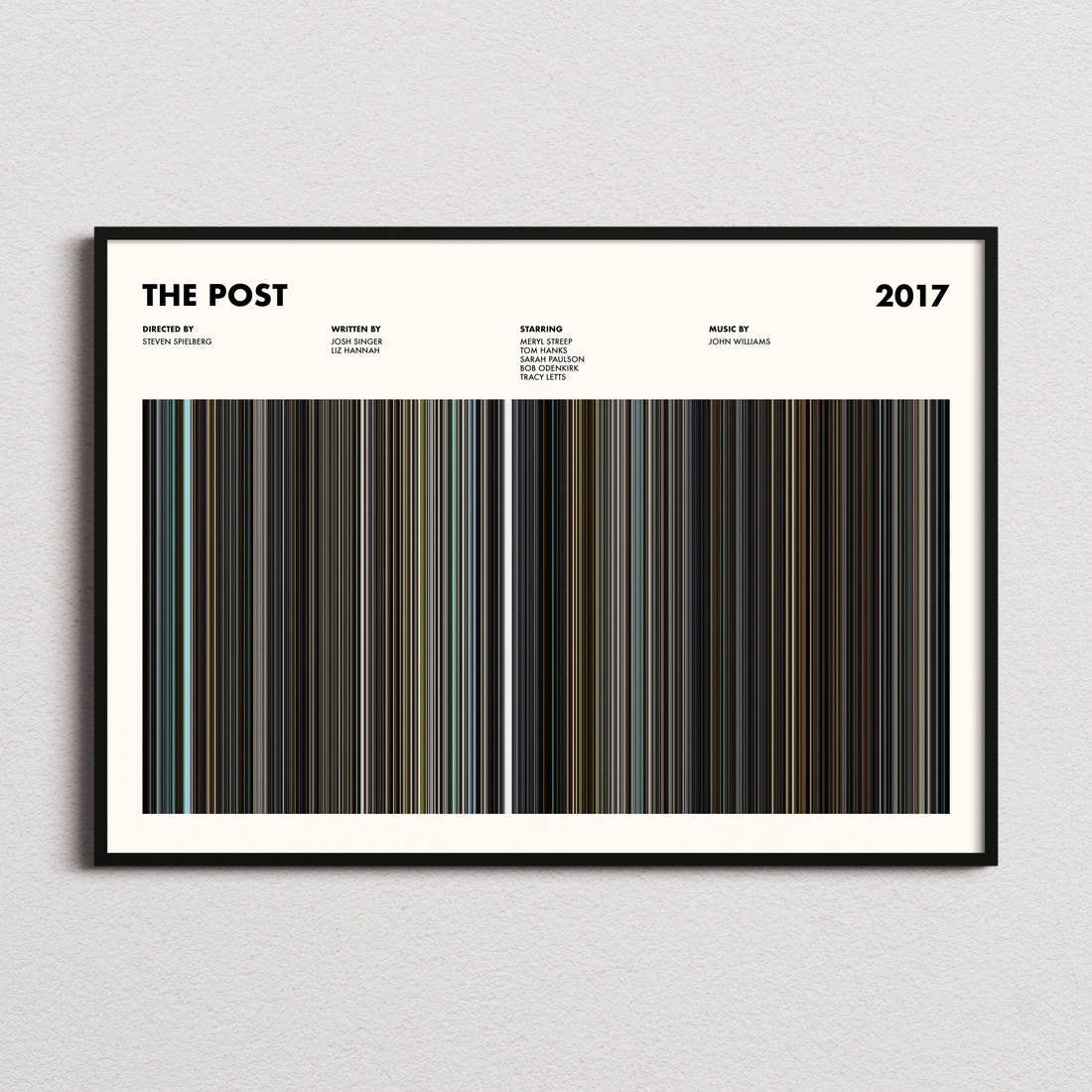 The Post Movie Barcode Poster framed and photographed straight on