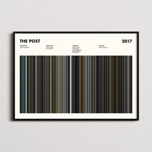 The Post Movie Barcode Poster framed and photographed straight on
