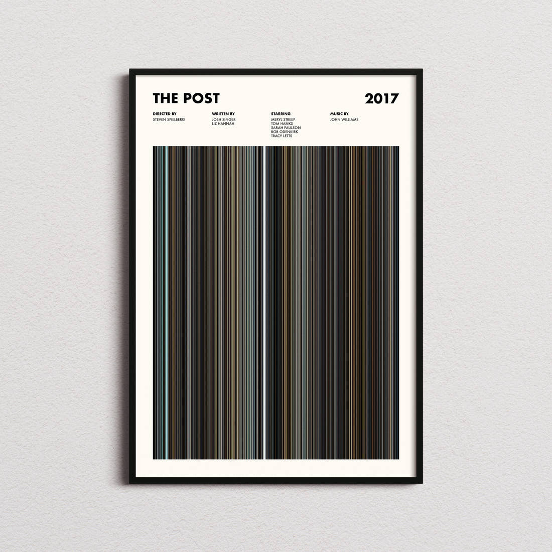 The Post Movie Barcode Poster framed on a plain studio wall