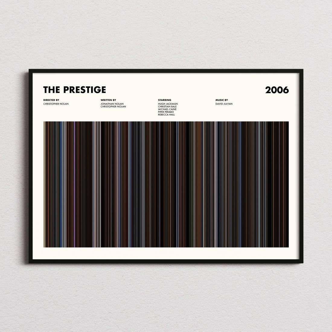 The Prestige Movie Barcode Poster framed and photographed straight on