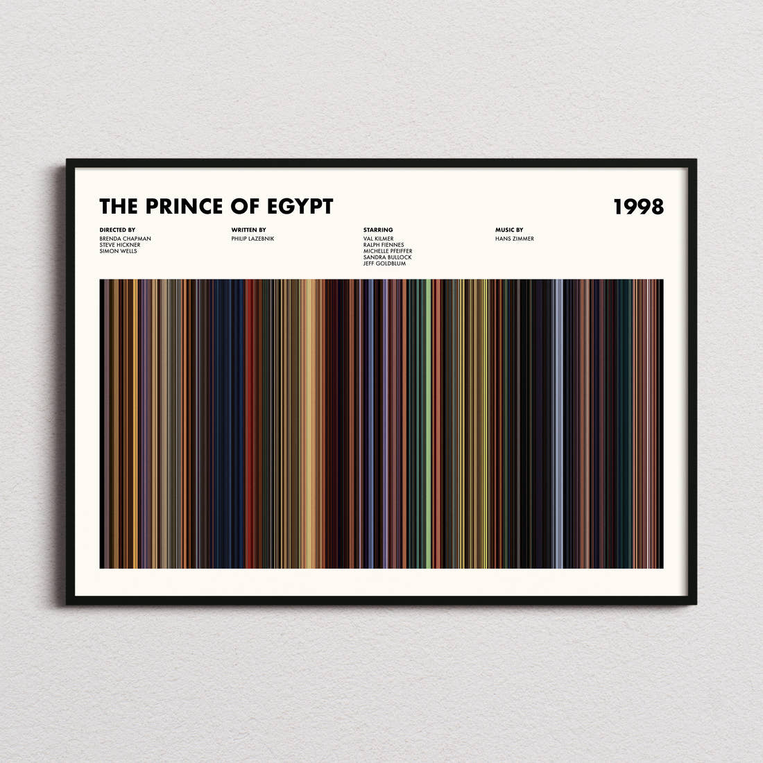 The Prince of Egypt Movie Barcode Poster framed and photographed straight on