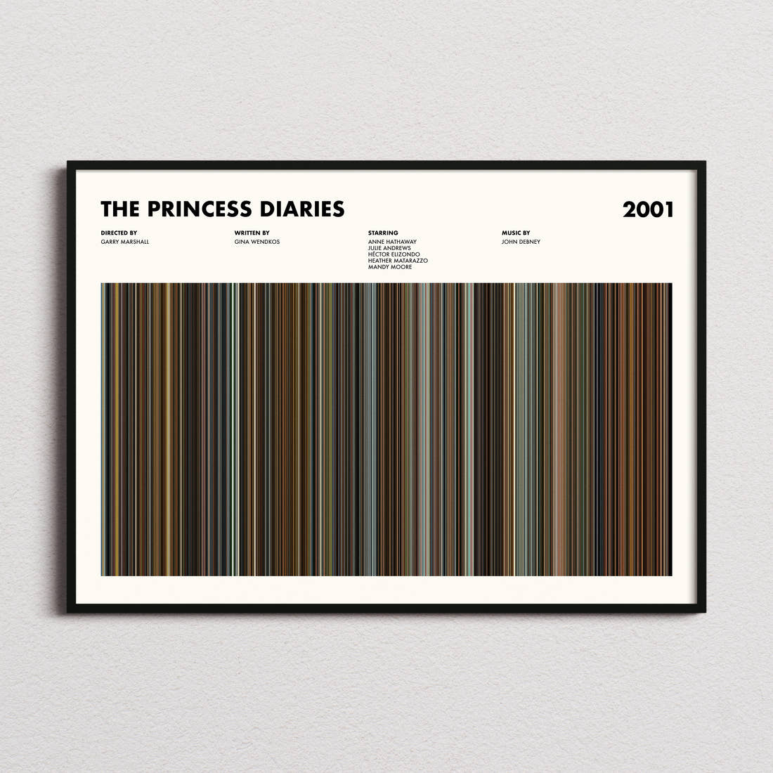 The Princess Diaries Movie Barcode Poster framed and photographed straight on