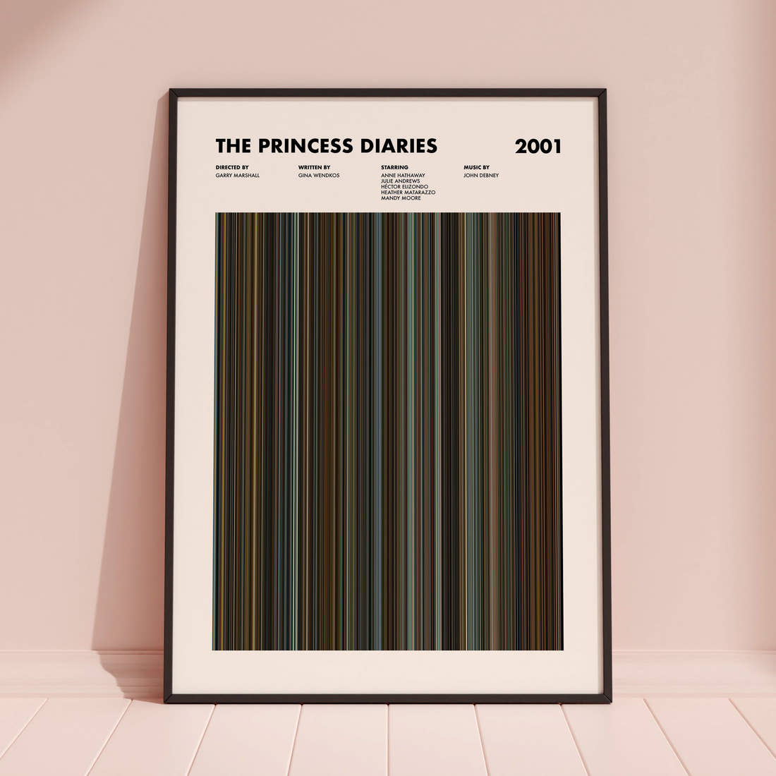 The Princess Diaries Movie Barcode Poster framed and leaning against a coloured wall