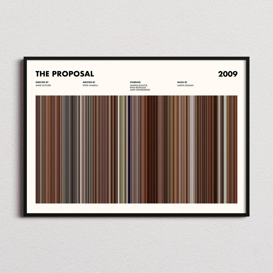 The Proposal Movie Barcode Poster framed and photographed straight on