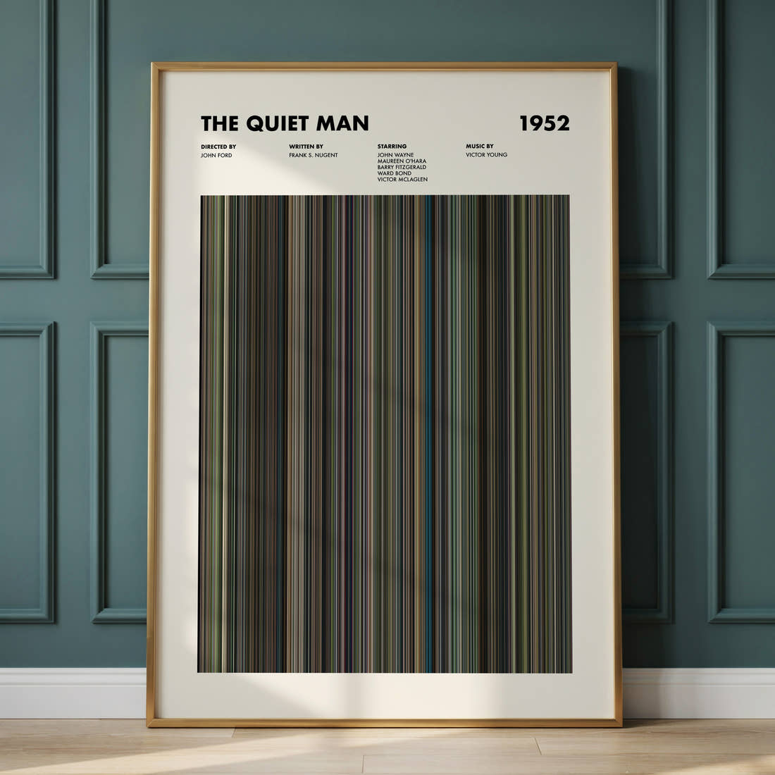 The Quiet Man Movie Barcode Poster framed and leaning against a panelled wall