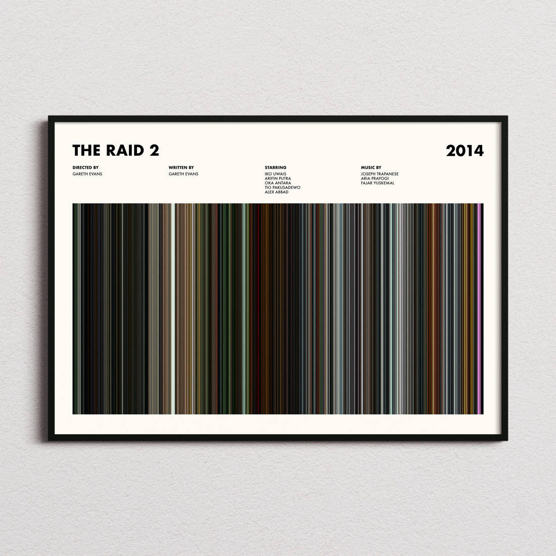 The Raid 2 Movie Barcode Poster framed and photographed straight on