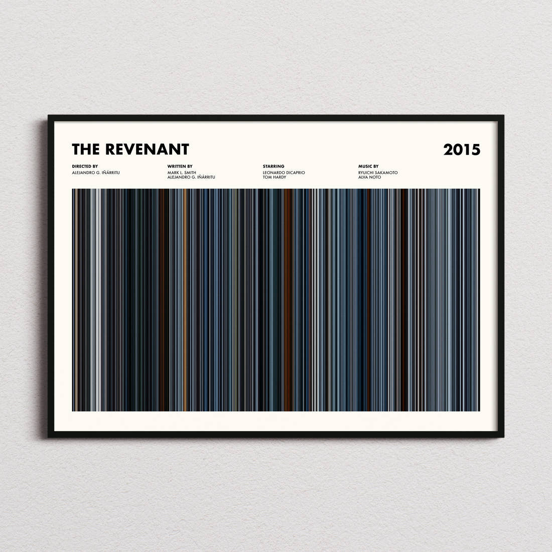 The Revenant Movie Barcode Poster framed and photographed straight on