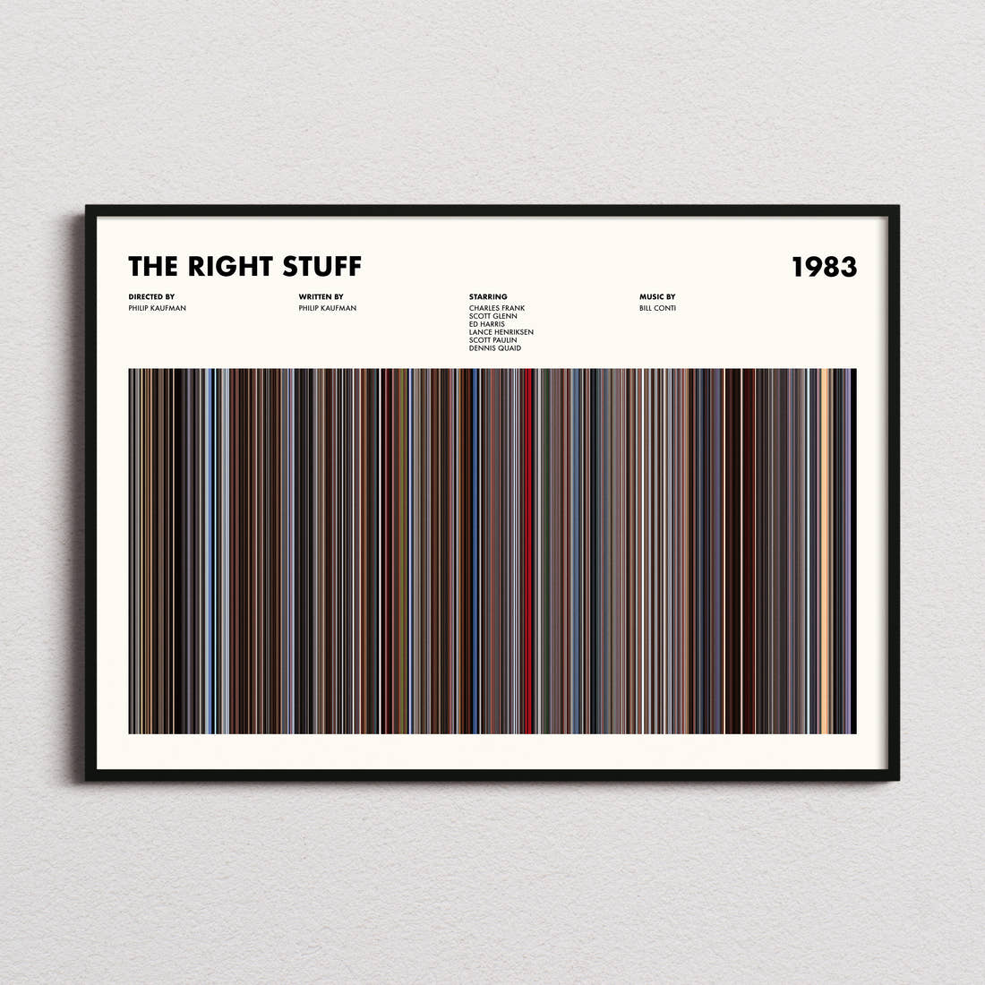 The Right Stuff Movie Barcode Poster framed and photographed straight on