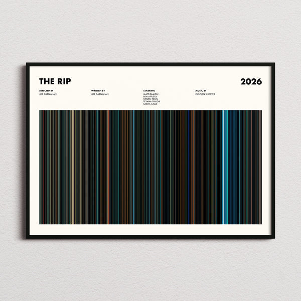 The Rip Movie Barcode Poster framed and photographed straight on