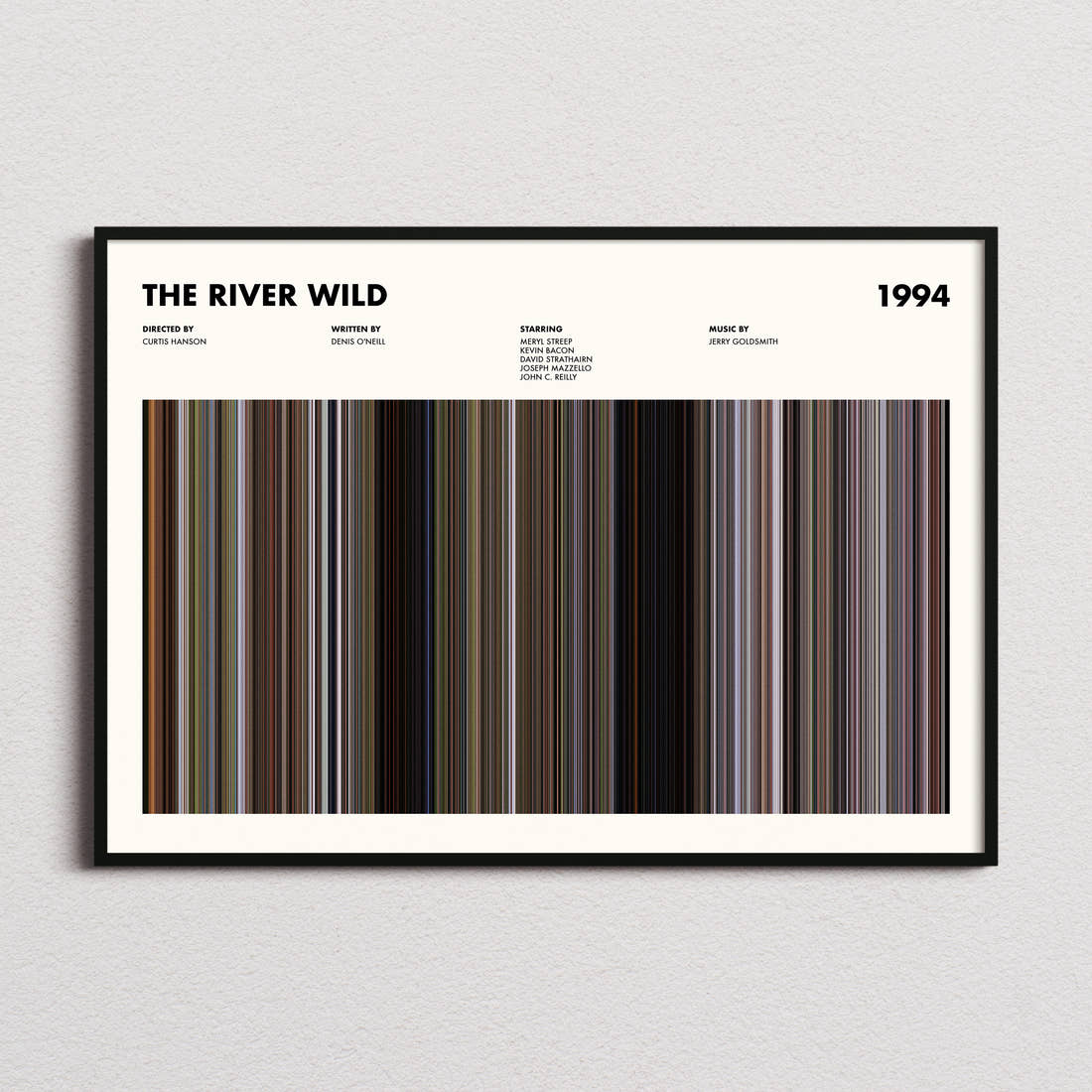 The River Wild Movie Barcode Poster framed and photographed straight on