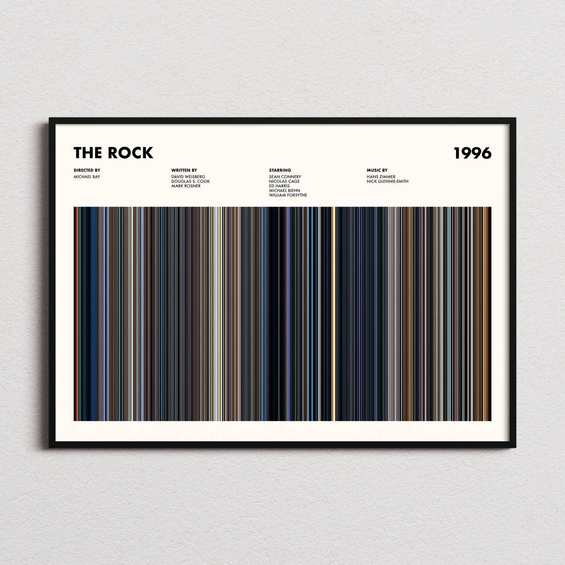 The Rock Movie Barcode Poster framed and photographed straight on