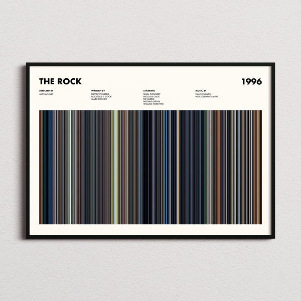 The Rock Movie Barcode Poster framed and photographed straight on