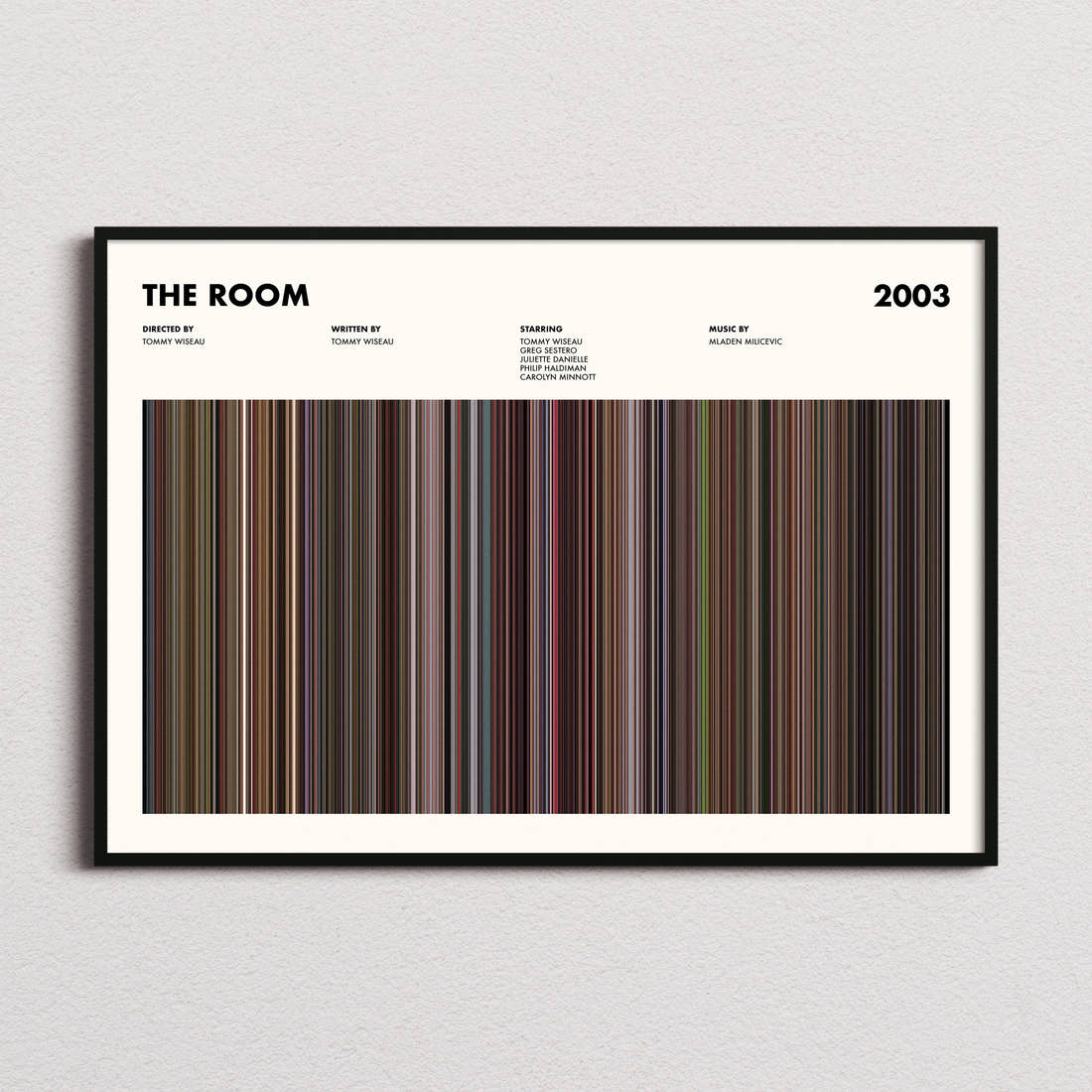 The Room Movie Barcode Poster framed and photographed straight on