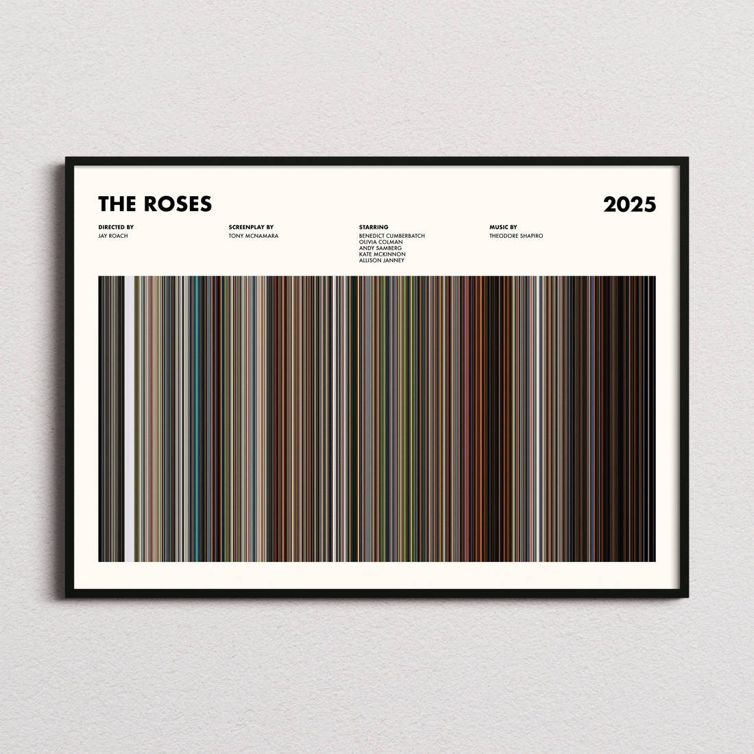 The Roses Movie Barcode Poster framed and photographed straight on