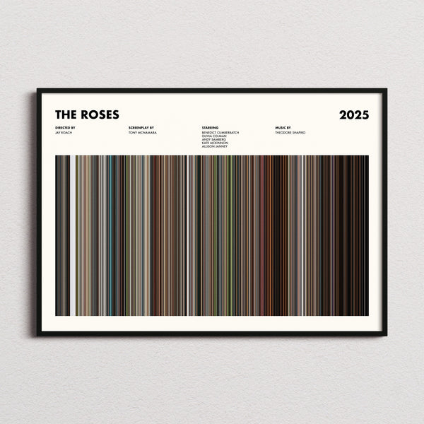 The Roses Movie Barcode Poster framed and photographed straight on