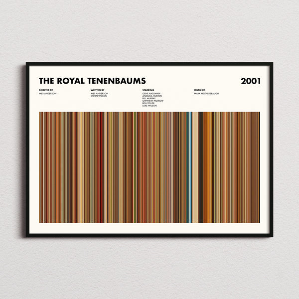 The Royal Tenenbaums Movie Barcode Poster framed and photographed straight on