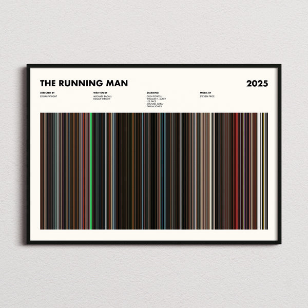 The Running Man Movie Barcode Poster framed and photographed straight on