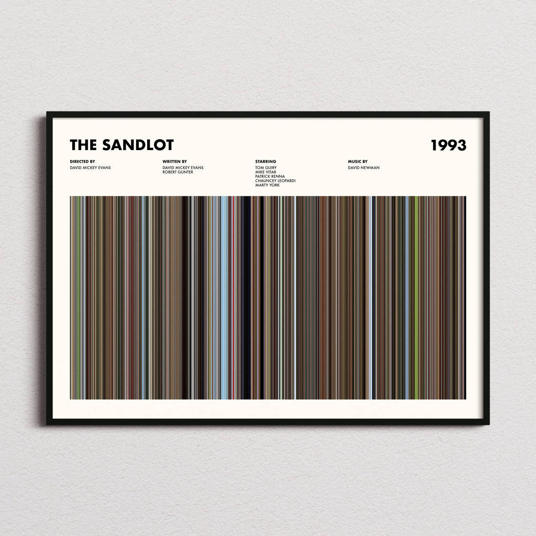 The Sandlot Movie Barcode Poster framed and photographed straight on