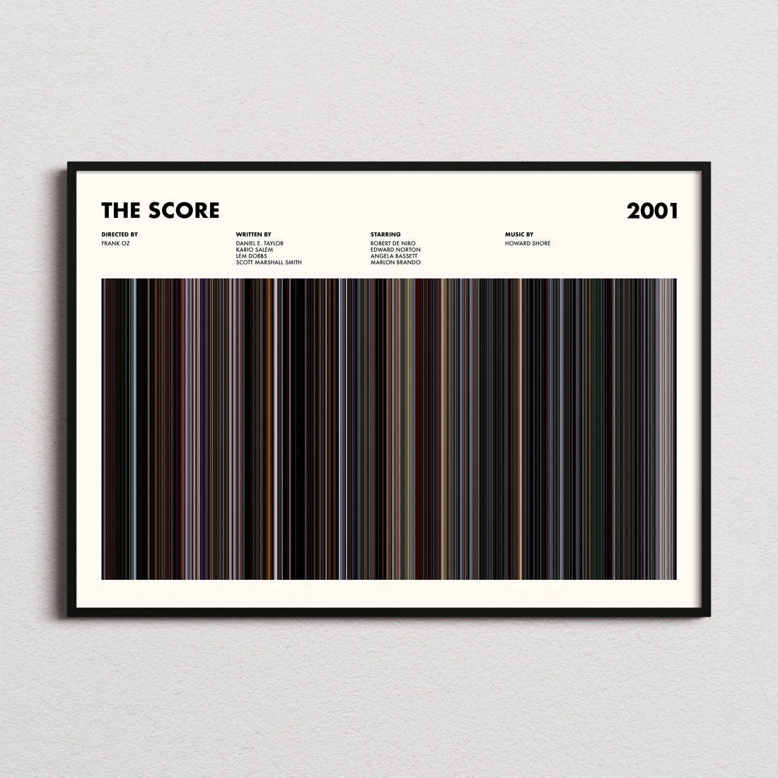 The Score Movie Barcode Poster framed and photographed straight on