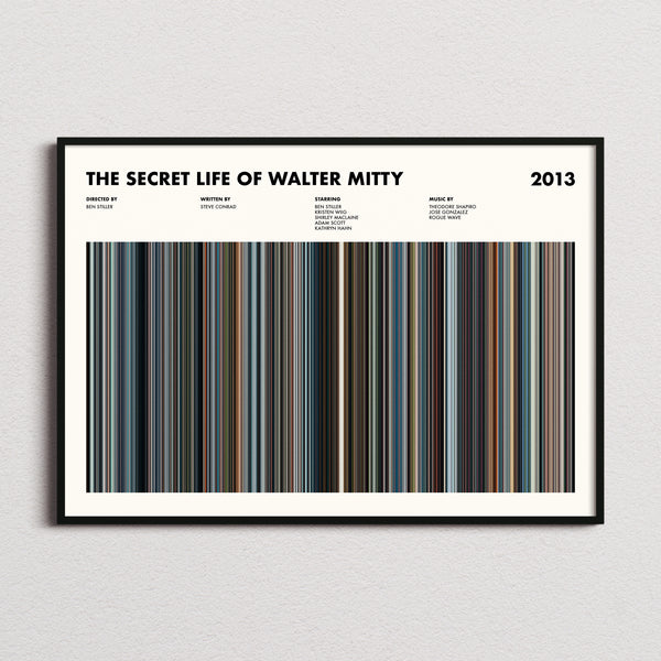 The Secret Life of Walter Mitty Movie Barcode Poster framed and photographed straight on
