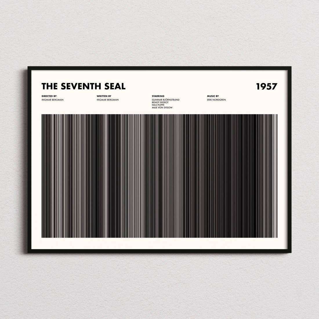 The Seventh Seal Movie Barcode Poster framed and photographed straight on