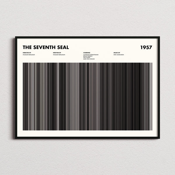 The Seventh Seal Movie Barcode Poster framed and photographed straight on