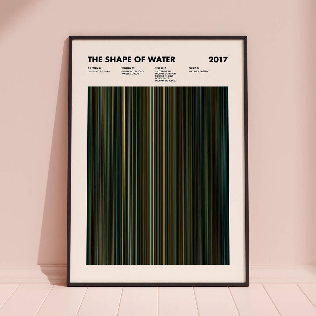 The Shape of Water Movie Barcode Poster framed and leaning against a coloured wall