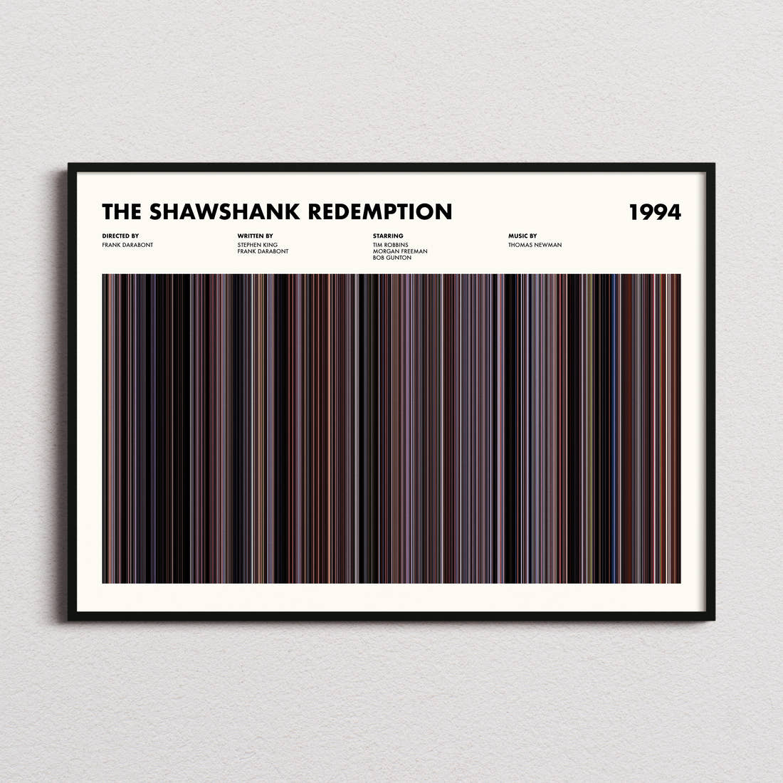 The Shawshank Redemption Movie Barcode Poster framed and photographed straight on