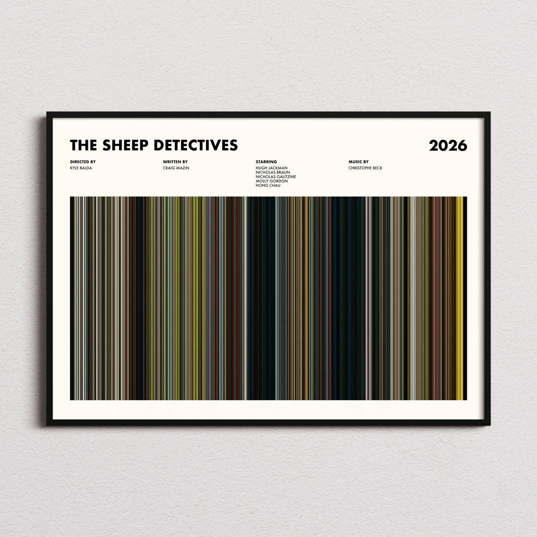 The Sheep Detectives Movie Barcode Poster framed and photographed straight on