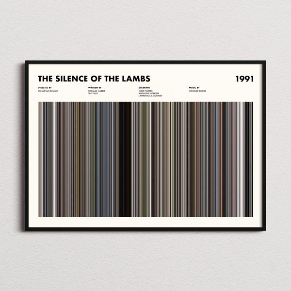 The Silence Of The Lambs Movie Barcode Poster framed and photographed straight on