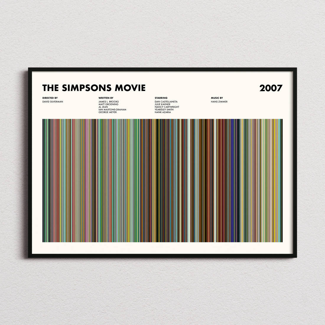 The Simpsons Movie Barcode Poster framed and photographed straight on