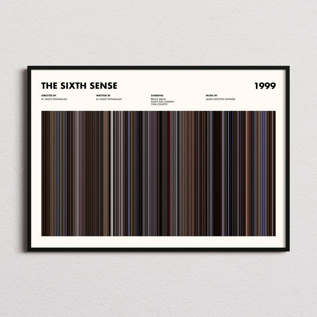 The Sixth Sense Movie Barcode Poster framed and photographed straight on