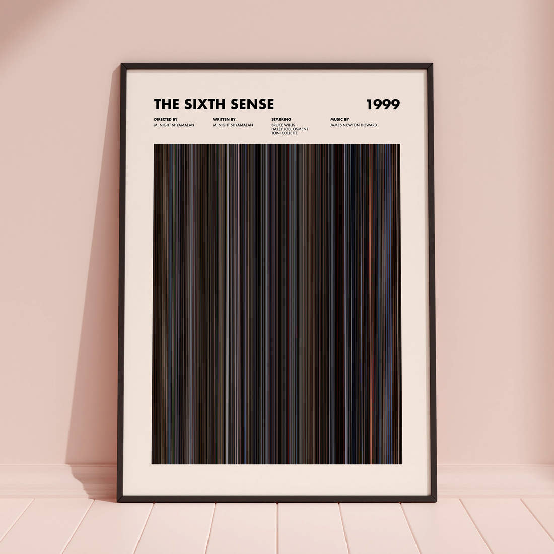 The Sixth Sense Movie Barcode Poster framed and leaning against a coloured wall
