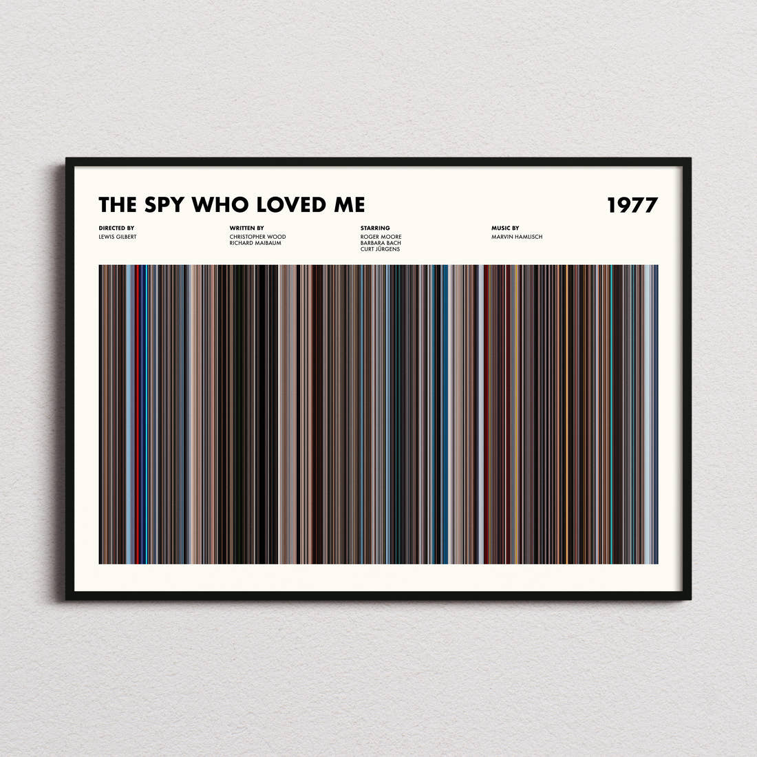 The Spy Who Loved Me Movie Barcode Poster framed and photographed straight on
