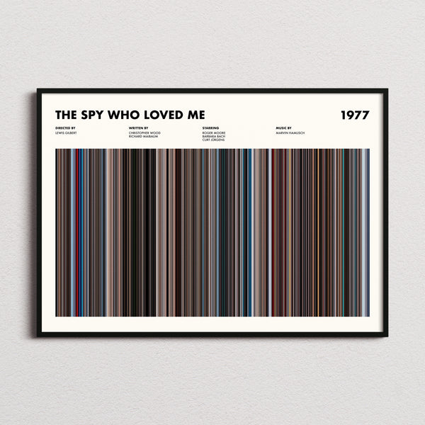 The Spy Who Loved Me Movie Barcode Poster framed and photographed straight on