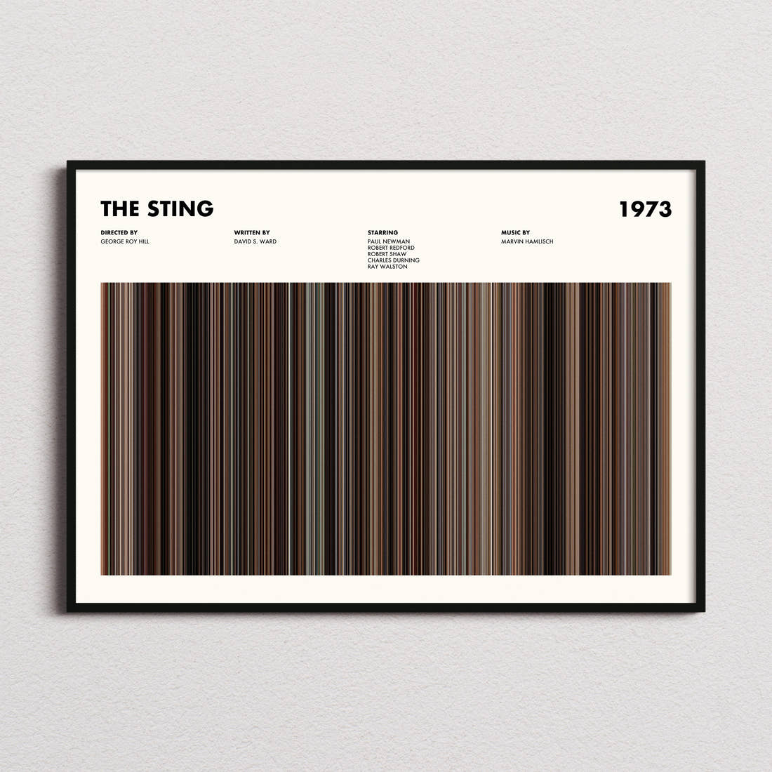 The Sting Movie Barcode Poster framed and photographed straight on