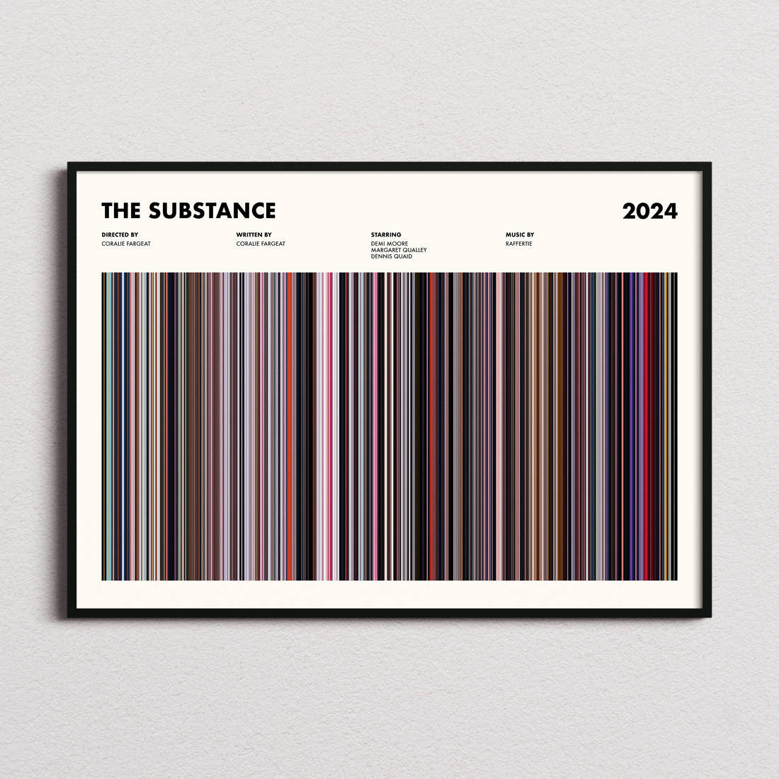 The Substance Movie Barcode Poster framed and photographed straight on