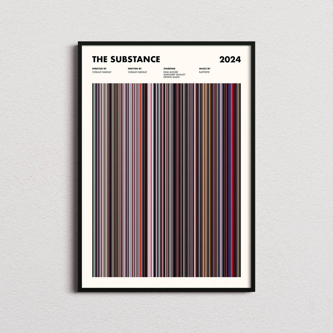 The Substance Movie Barcode Poster framed on a plain studio wall