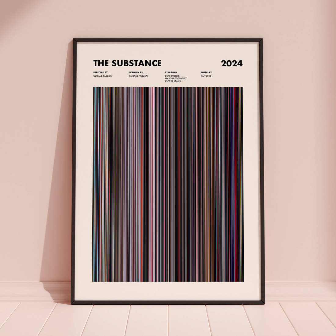 The Substance Movie Barcode Poster framed and leaning against a coloured wall