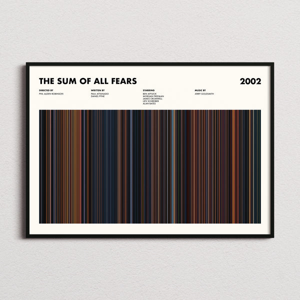 The Sum of All Fears Movie Barcode Poster framed and photographed straight on