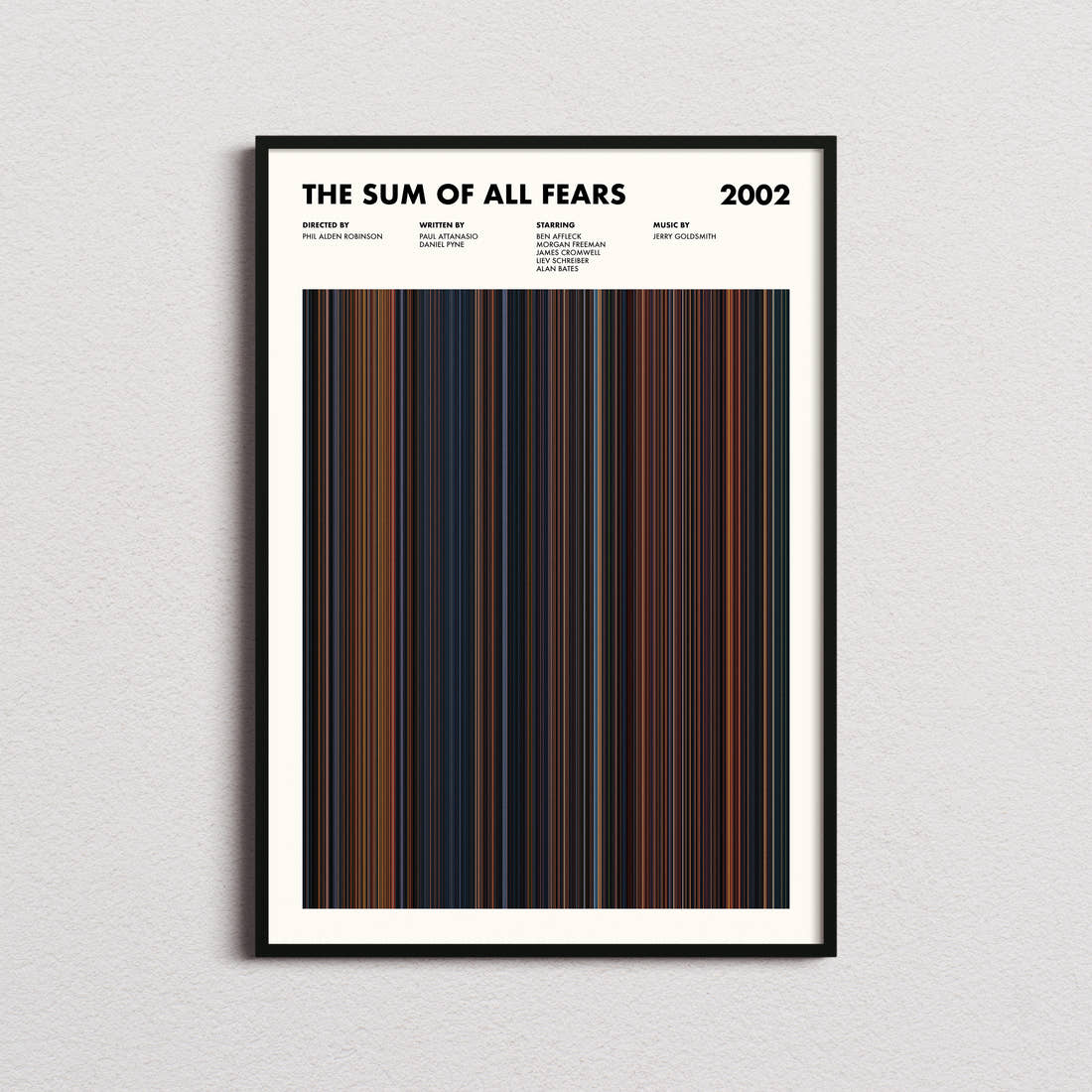 The Sum of All Fears Movie Barcode Poster framed on a plain studio wall