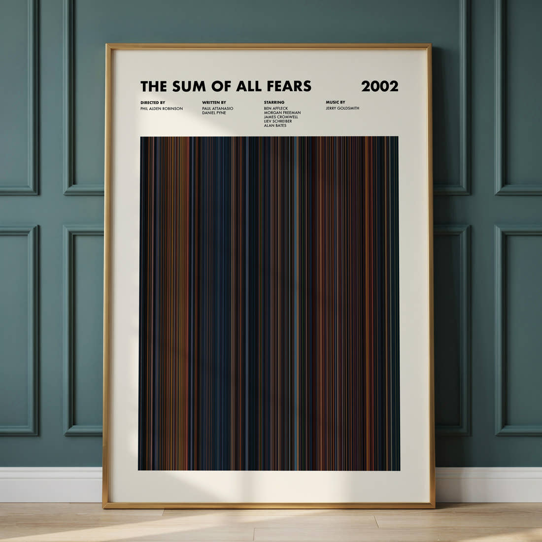 The Sum of All Fears Movie Barcode Poster framed and leaning against a panelled wall