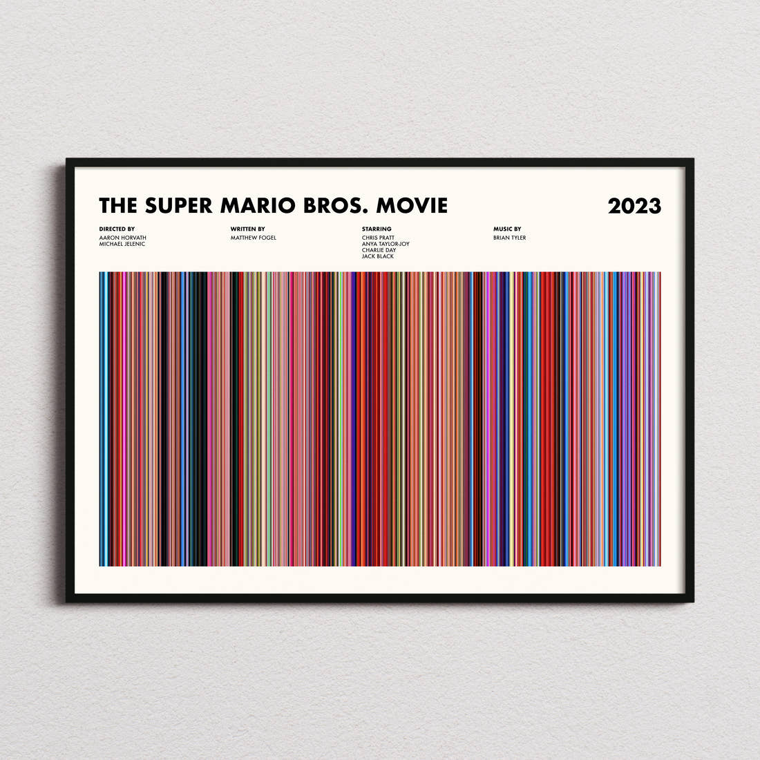 The Super Mario Bros. Movie Movie Barcode Poster framed and photographed straight on