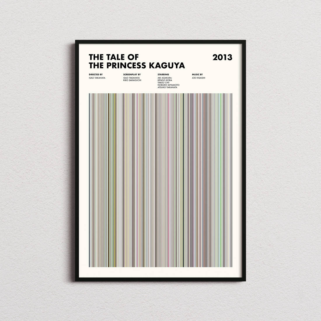 The Tale of the Princess Kaguya Movie Barcode Poster framed on a plain studio wall