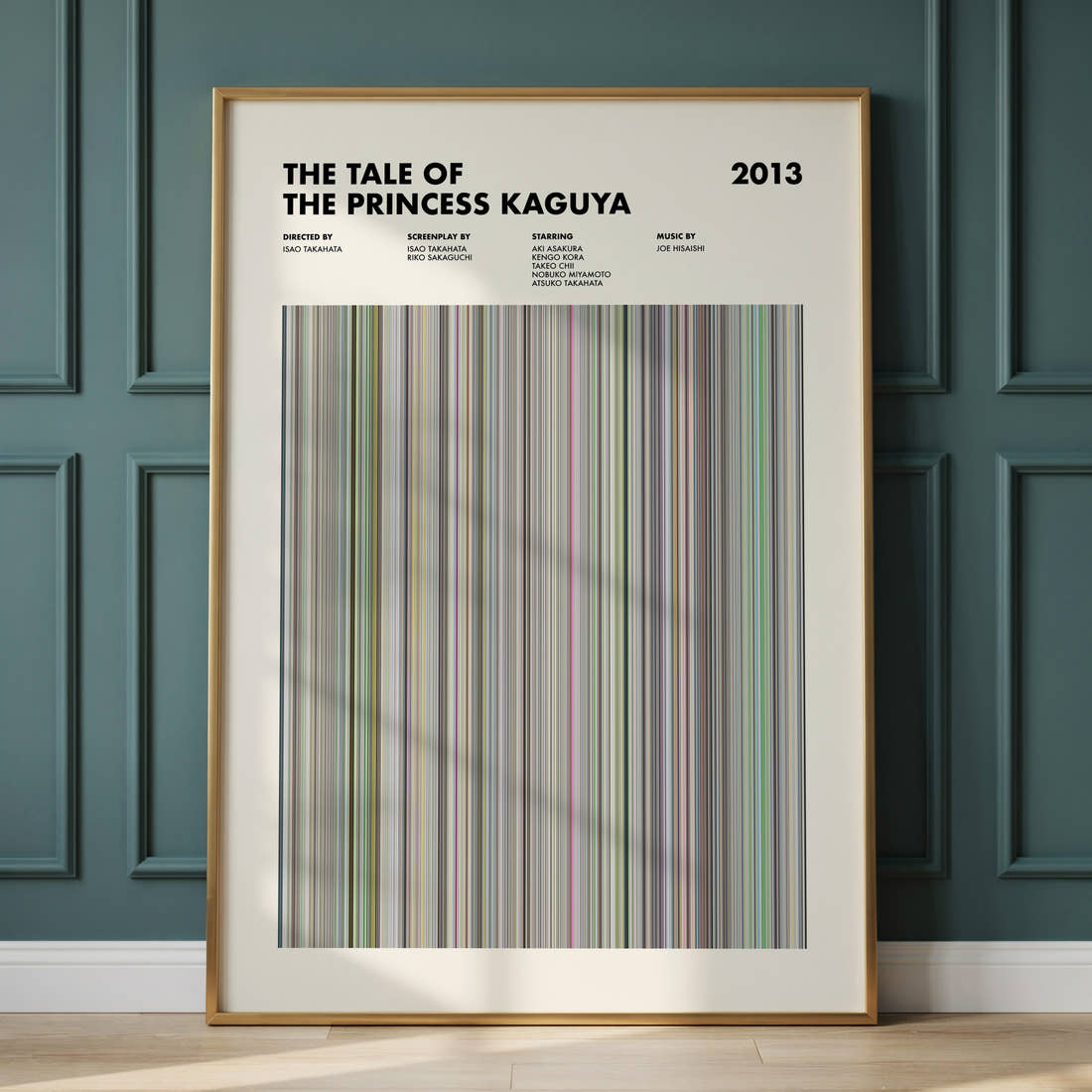 The Tale of the Princess Kaguya Movie Barcode Poster framed and leaning against a panelled wall